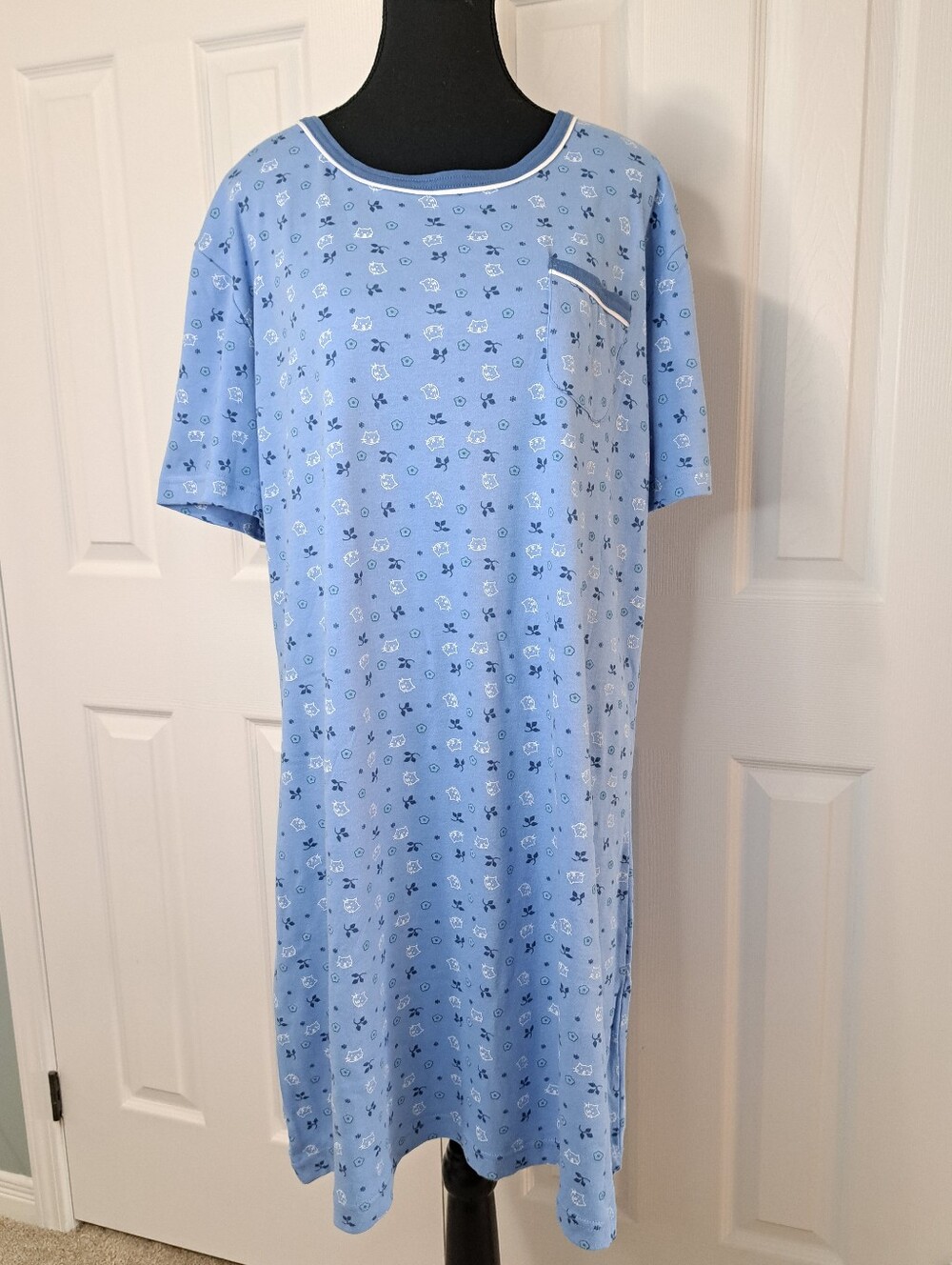 Vintage Wonderbra Nightgown Sleep Dress Womens Size Large Cotton Cats Blue NWT